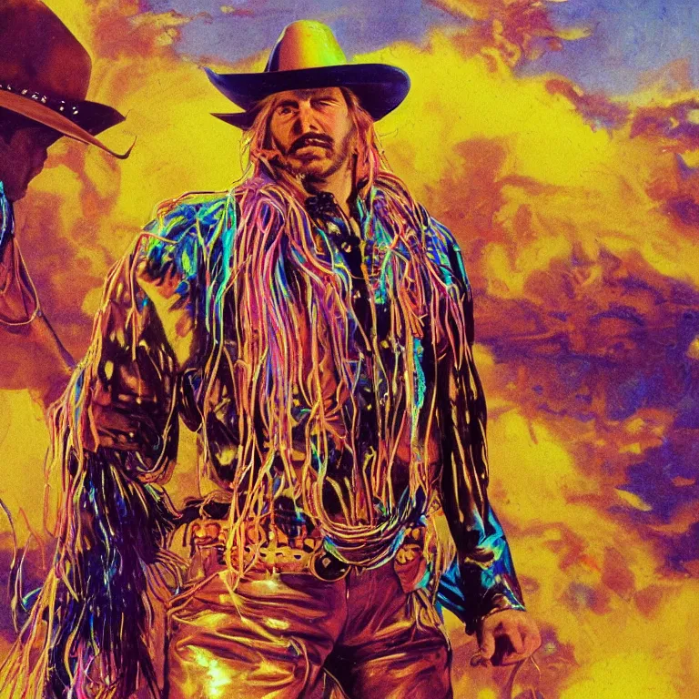 Image similar to 1 9 7 0's spaghetti western film octane render portrait by wayne barlow and carlo crivelli and glenn fabry, a person wearing a shiny colorful iridescent latex suit and cowboy hat covered in colorful slime, standing in a colorful scenic western landscape with multicolored clouds, cinema 4 d, ray traced lighting, very short depth of field, bokeh