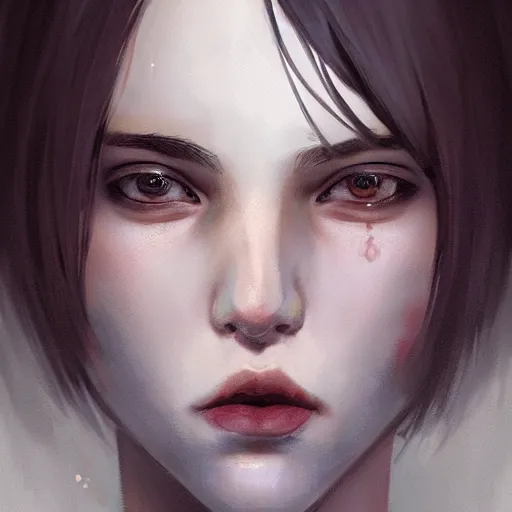 Image similar to a feminine boy with short dark hair, emo, digital art, photorealistic, 8 k resolution, beautiful face, feminine face,, very pretty face, very detailed eyes, by wlop, greg rutkowski