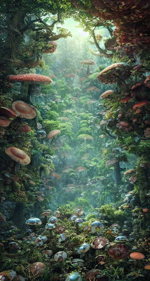 Prompt: mandelbulb, octane render, photo, mushrooms, cinema 4 d, art by beeple, ultra realistic, photo realistic, unreal engine, beautiful, forest, 4 k