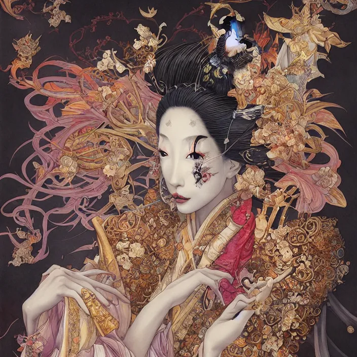 Prompt: asian geisha watercolor painting by, daniel merriam, ayami kojima, peter mohrbacher, intricate detail, artstation, artgerm, in the style of darkness fantasy, rococo, gold leaf art, rime lighting