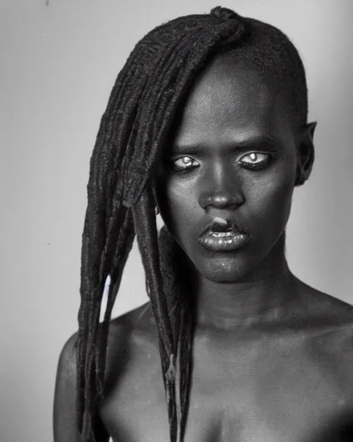 Image similar to ancient nilotic african androgynous vampire woman with demonic eyes, photograph, 3 5 mm film