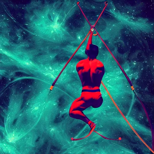 Image similar to athletic man doing a pullup using gymnastic rings, silhouette, long shot, in a cosmic nebula background, matte colors, dramatic digital art trending on artstation