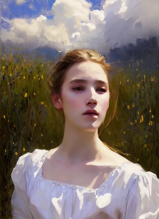 Image similar to portrait of girl dressed in white clothes , countryside, fantasy character portrait, dynamic pose, above view, view from above, sunny day, thunder clouds in the sky, artwork by Jeremy Lipkin and Giuseppe Dangelico Pino and Michael Garmash and rob rey, very coherent symmetrical artwork, perfect face, simple form, 100mm