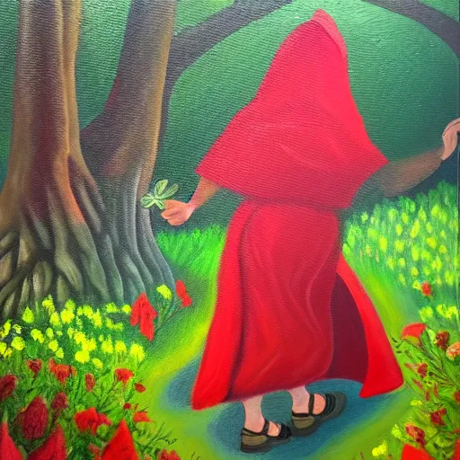 Image similar to oil painting of little red riding hood walking through a fantasy landscape filled with brugmansia suaveolens flowers