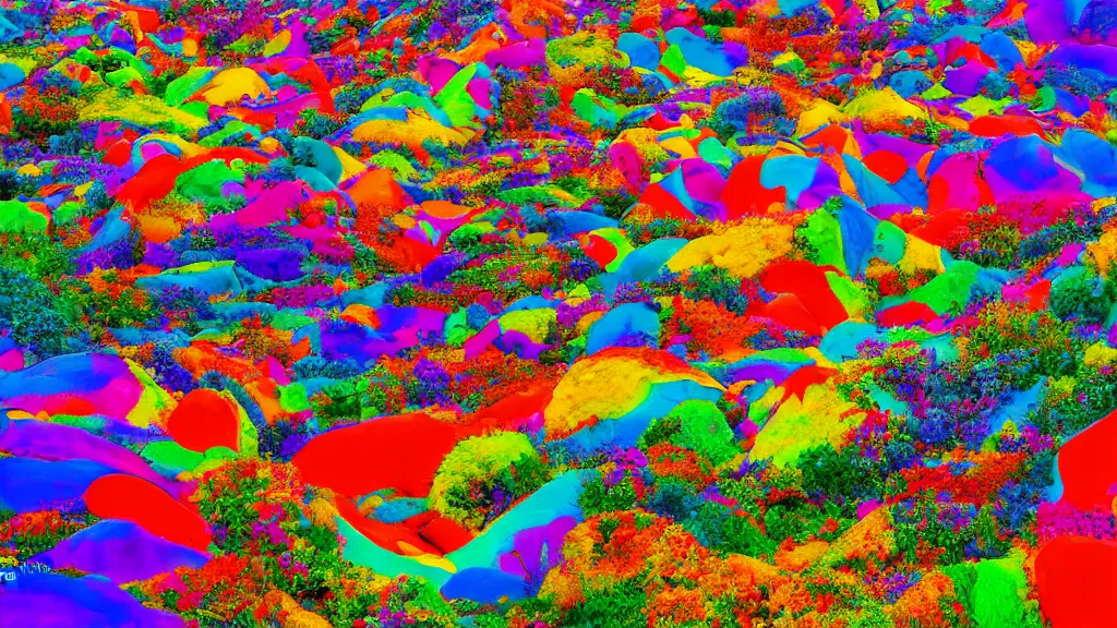 Prompt: a photograph of a crazy unexpected landscape, bright colors, detailed