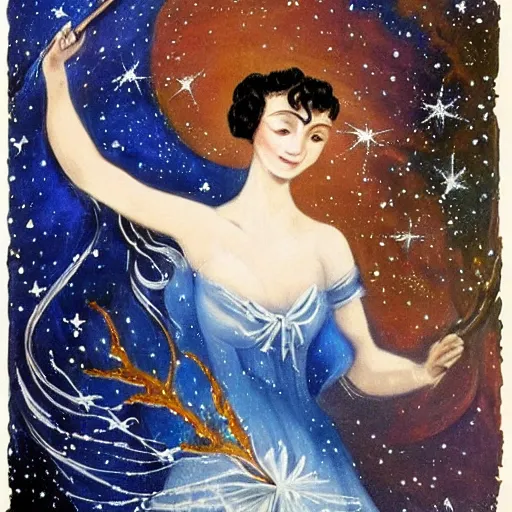 Image similar to The body art features a woman with wings made of stars, surrounded by a blue and white night sky. The woman is holding a staff in one hand, and a star in the other. She is wearing a billowing white dress, and her hair is blowing in the wind. Pride & Prejudice, papaya whip by Pamela Coleman Smith ordered, a e s t h e t i c