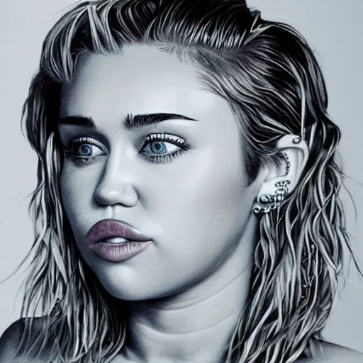 Image similar to miley cyrus, head and shoulders portrait, extremely detailed masterpiece, one single continues line.