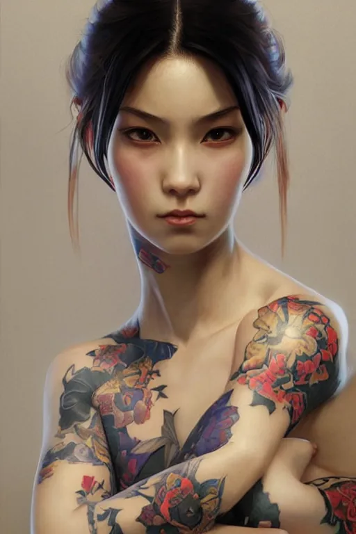 Image similar to portrait of yakuza girl with tattoo, highly detailed, digital art from artstation by Ruan Jia and Mandy Jurgens and Artgerm and william-adolphe bouguereau