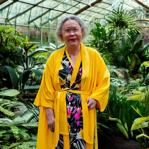 Prompt: medium photo portrait of a woman wearing a yellow kimono in a tropical greenhouse