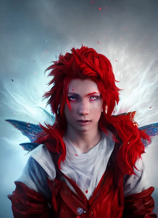 Image similar to An epic fantasy comic book style portrait painting of a young fairy boy with red wings, pointy red hair, white glowing eyes, smiling, red long hair red coat. Unreal 5, DAZ, hyperrealistic, octane render, cosplay, RPG portrait, dynamic lighting