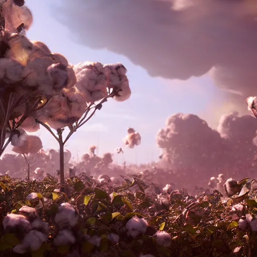 Image similar to huge explosion in the form of cotton plants, beautiful dynamic lighting, cinematic, extremely high detail, photo realistic, cinematic lighting, post processed, concept art, artstation, matte painting, unreal engine 8k