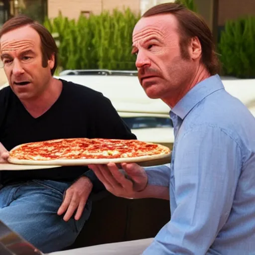 Image similar to Saul Goodman eating pizza with Walter White