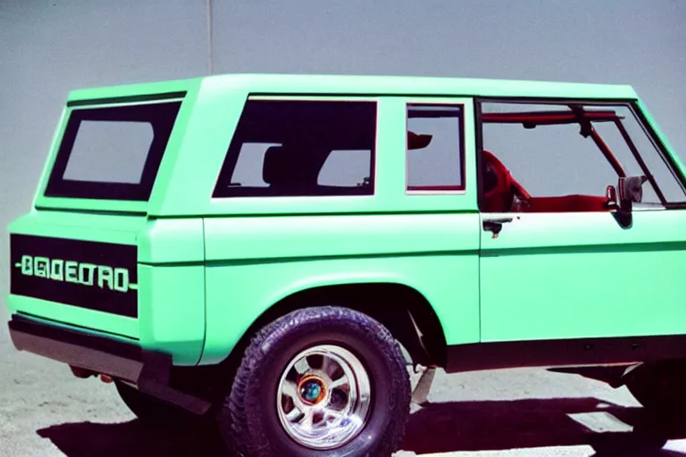 Image similar to designed by Giorgetto Giugiaro stylized poser of a single, 1973 Bronco, thick neon lights, ektachrome photograph, volumetric lighting, f8 aperture, cinematic Eastman 5384 film