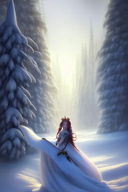 Prompt: photography alexey gurylev, princess, mysterious, lapland edge snow - covered trees volumetric light ethereal twilight by noah bradley and john howe, deep focus, d & d, fantasy, complex, elegant, highly detailed, digital painting, artstation, concept art, matte, clear focus, illustration, hearthstone, artgerm art, greg rutkovsky and alphonse mucha