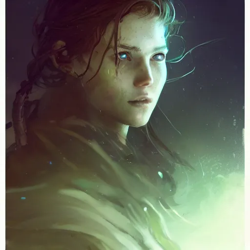 Image similar to young woman with wavy brown hair with a scar across his left eye is legendary, frostpunk, high detail, concept art, frosty, neon color, vivid color, floating particles, glowing green eyes, spiral smoke, background by john harris + andreas rocha, artwork by charlie bowater + artgerm + anato finnstark + ross tran