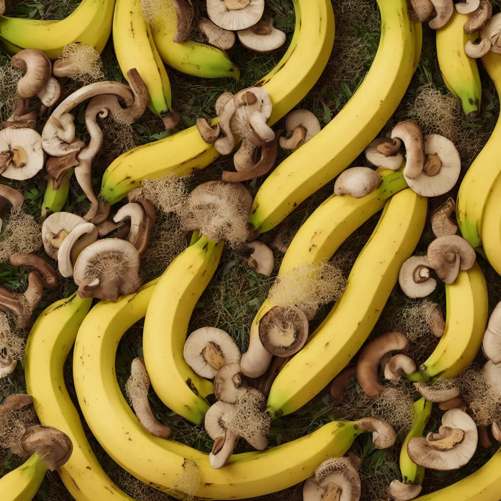 Prompt: circular fractal bananas that grow like coral, inside art nouveau with petal shape, big banana peals, and banana stems, mushrooms and plants, mesh roots. closeup, hyper real, food photography, high quality