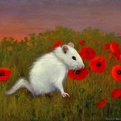 Image similar to a masterpiece painting by alfred mucha : a small white rat taking the sun in a poppy field with a red sunset in the background