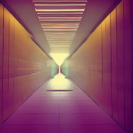 Image similar to noisy color photograph of a retrofuturist liminal space, twisting hallways, minimalist, cinematic, soft vintage glow