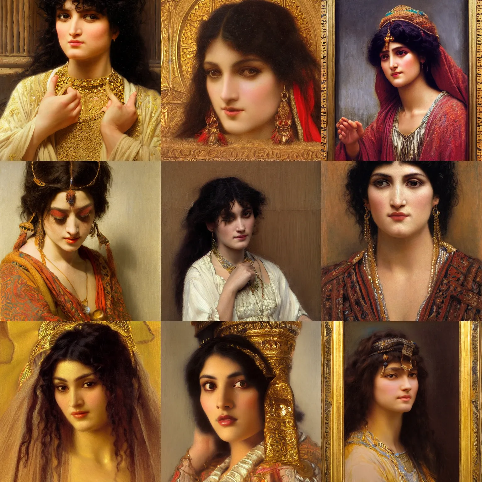 Prompt: orientalism face detail of a beautiful priestess with bangs and thick dark curls hair and hair ties by theodore ralli and nasreddine dinet and nikolay makovsky and edwin longsden long, oil on canvas, masterful intricate artwork, excellent lighting, high detail 8 k