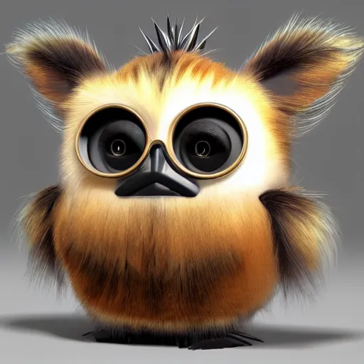 Prompt: A steampunk Furby with realistic fur, 3D render, Studio Lighting, High Detail, 4K, Title-Shift,Hyperrealism