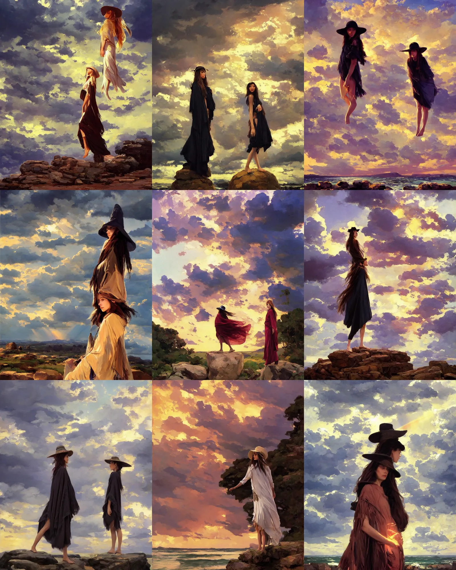 Prompt: dramatic light, thunder clouds in the sky, sunset clouds by rhads, god rays, simple form, brutal shapes, shaman, portrait of single fashionable young woman wearing rich jewerly hat and boho poncho, pixiv, standing pose on stones, 1970s fashion, anime, studio ghiblil, artwork by Joaquin Sorolla and john william waterhouse and Denis Sarazhin and James Jean and klimt and van gogh and Dean Ellis and Detmold Charles Maurice