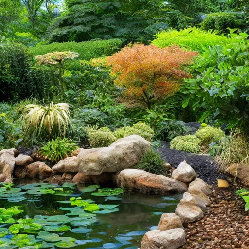 Prompt: popcorn boulders in a jungle landscape, koi pond on the ground