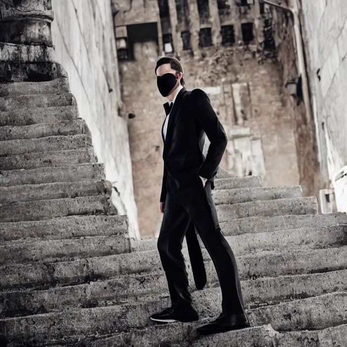 Image similar to cinematic movie, background is castle and steps, with a man wearing a silver melt mask, silver wavy long hair, black suit, 4 k