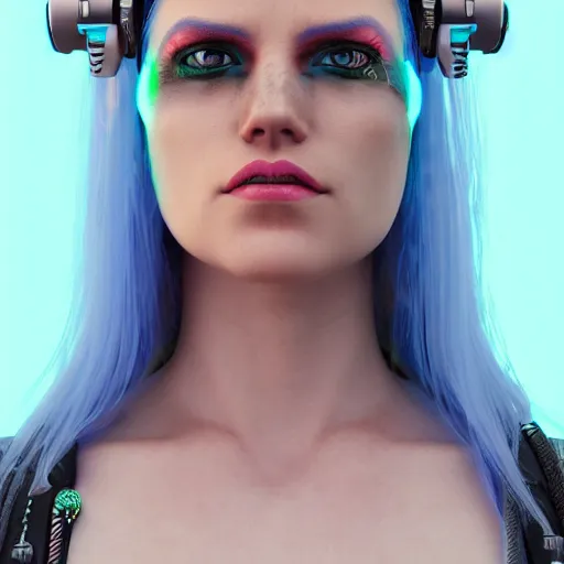 Prompt: a portrait of a cyberpunk woman, blue neon hair, hyperdetailed, rtx, hdr, 3 d render, octabe render, 8 k.