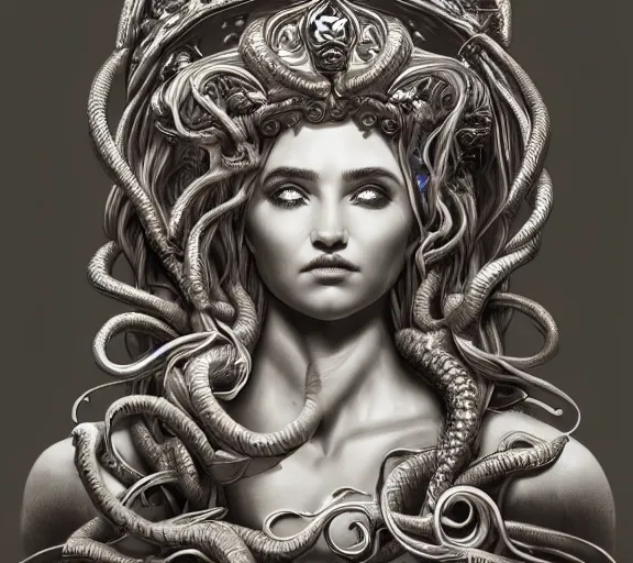 Image similar to intricate detailed artwork of medusa sat on a throne. concept art, artstation, deviantart, cgsociety. 4 k