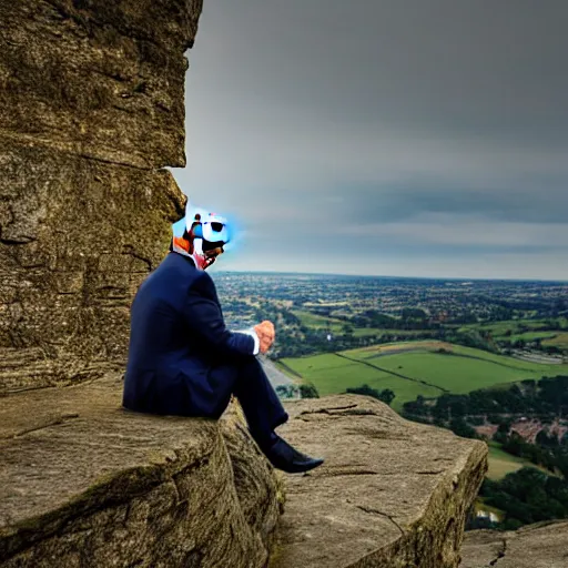 Image similar to donald trump sitting on almscliff crag in leeds england 8k highly detailed photograph, award winning, beautiful lighting, daytime view