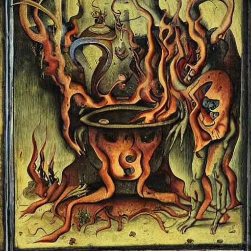 Image similar to monsters consumed transformed transmutation in a fiery alchemical cauldron, painted by bosch hell creatures