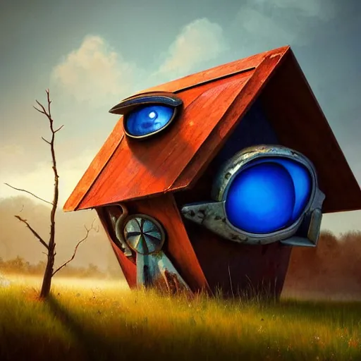 Image similar to a walking wood and metal house with two legs and one big eye, rust, hyperrealistic, highly detailed, cinematic, single ray of sun, morning, pareidolia, gravity falls style, red and blue, beautiful, cgssociety, artstation, 8 k, oil painting, digital art