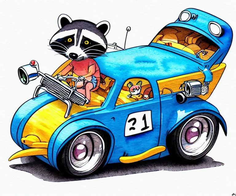 Prompt: cute and funny, racoon riding in a tiny hot rod coupe with oversized engine, ratfink style by ed roth, centered award winning watercolor pen illustration, isometric illustration by chihiro iwasaki, edited by range murata