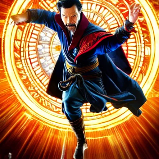 Image similar to dr. strange casting a shield spell in the metaverse with a shiba inu at his feet, hyper realistic, highly detailed, perfect face, smooth, focus, movie still, cinematic