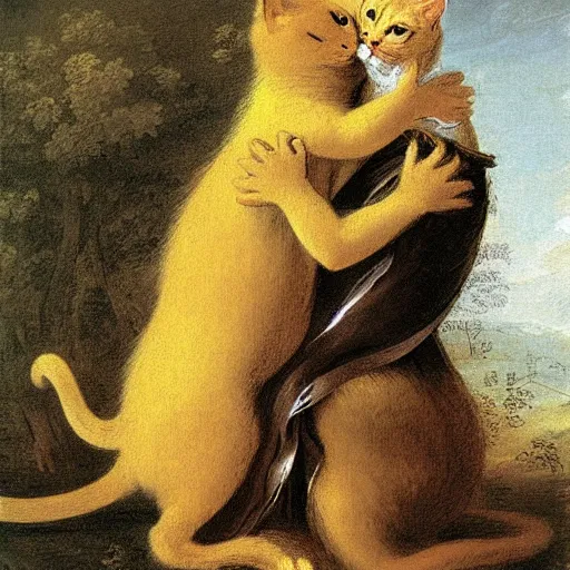 Prompt: two yellow cats hug each other ， rococo, 1 7 3 0, late baroque, antoine watteau