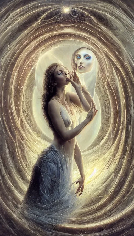 Prompt: goddess of illusion, beautiful, stunning, breathtaking, mirrors, glass, magic circle, magic doorway, fantasy, mist, bioluminescence, hyper - realistic, unreal engine, by karol bak