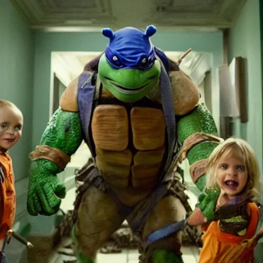 Prompt: movie still of ninja turtles in The Shining