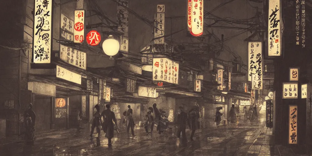 Prompt: feudal japan tokyo street at night, street level, cinematic lighting, 4k, trending on artstation, lots of lights, lots of signs, intricate illustration, fast sketch, rough, ultra detailed, art by albert bierstadt