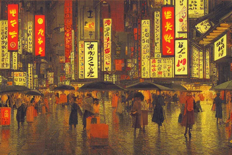 Prompt: painting of the streets of tokyo, at night, lanterns, neon, raining, romantic, by ludwig deutsch and maxfield parrish, patterned tilework, extremely detailed, cinematic lighting, smooth sharp focus