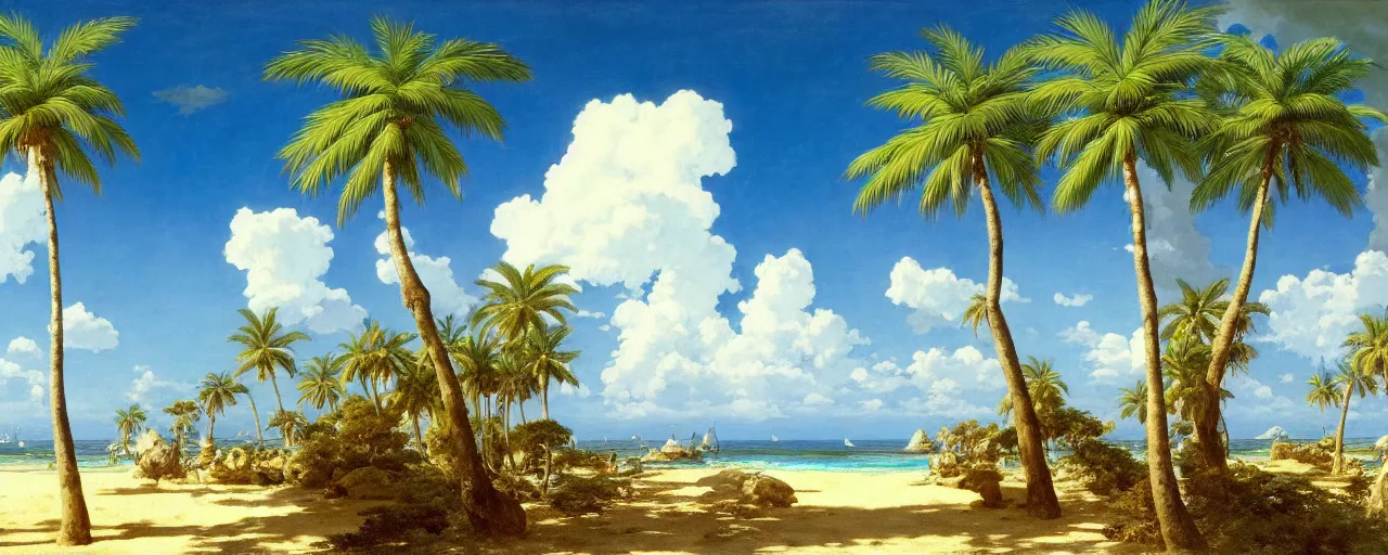 Image similar to ghibli illustrated background of a strikingly beautiful blue sky with puffy white clouds over a tropical beach with palm trees by eugene von guerard, ivan shishkin, john singer sargent, 4 k