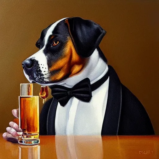 Prompt: a beautiful illustration painting of a dog in a tuxedo drinking whiskey by rutkowski featured on artstation, studio lighting, photorealistic digital art