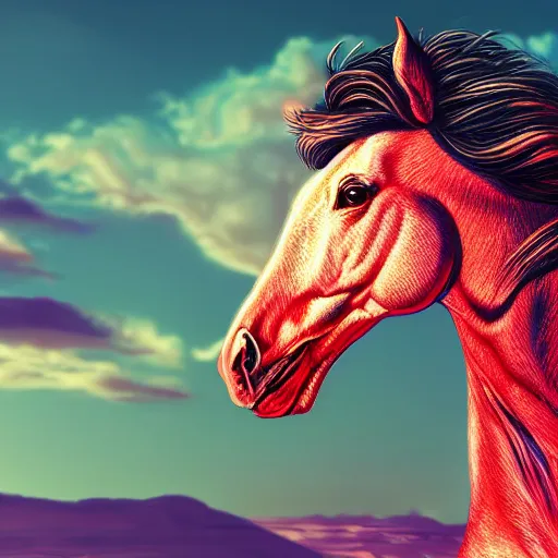 Prompt: digital horse, retrowave palette, highly detailed, anatomically correct equine, floof inside ear synth feel, smooth face, flowing mane, no reins, super realism, 4 k digital art