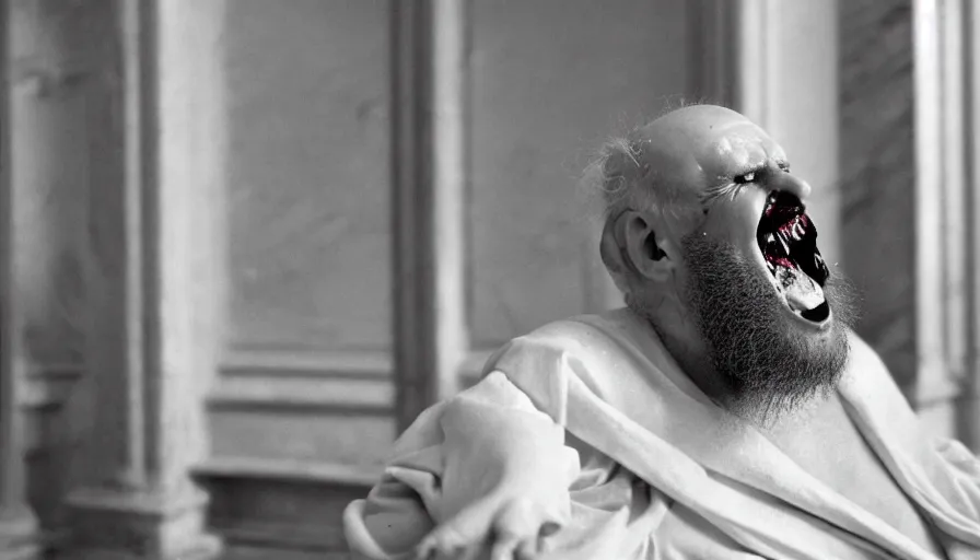 Prompt: 1 9 6 0 s movie still close - up of chrysippus of solis hysterically laughing on the floor mouth bleeding blood in a neoclassical marble room, cinestill 8 0 0 t 3 5 mm b & w, high quality, heavy grain, high detail, dramatic light, anamorphic, detailed beard, by josef sudek