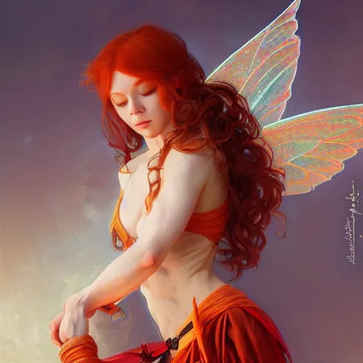 Prompt: beautiful natural fairy small winged redhead martial artist karate fey, vivid colors, intricate, elegant, highly detailed, digital painting, artstation, concept art, smooth, sharp focus, illustration, art by artgerm and greg rutkowski and alphonse mucha and loish and wlop
