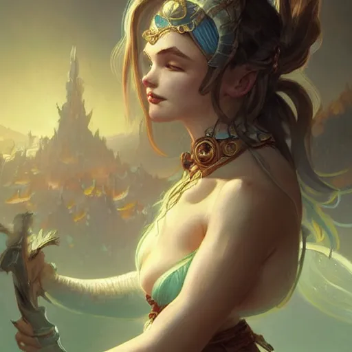 Image similar to female ogre, deep focus, d & d, fantasy, intricate, elegant, highly detailed, digital painting, artstation, concept art, matte, sharp focus, illustration, hearthstone, art by artgerm and greg rutkowski and alphonse mucha