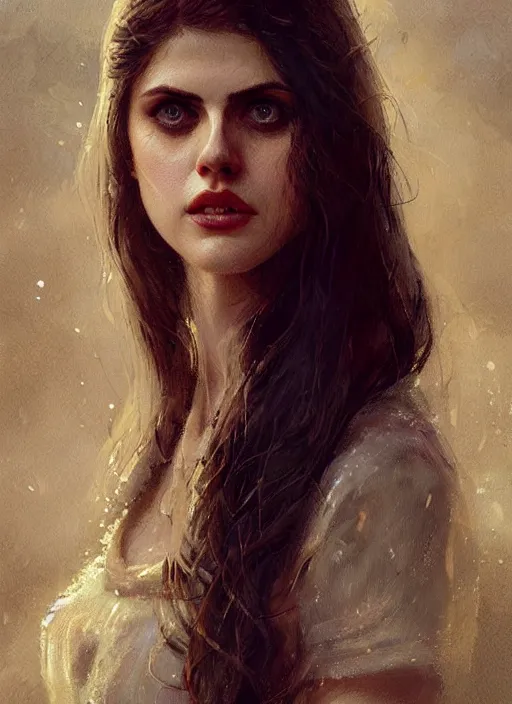 Prompt: a digital painting of Alexandra Daddario wearing a boho dress, by netter, beautiful, gorgeous, long hair, style from greg rutkowski, beautiful eyes, full frame, oil painting, featured on artstation, concept art, smooth, sharp focus, illustration, very detailed, ambient lighting, unreal engine render, concept art by Atey Ghailan, by Loish, by Bryan Lee O'Malley