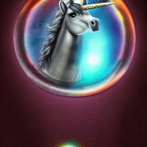 Prompt: A unicorn in the shape of a bubble floating in the air, centered, mystical fantasy, concept art