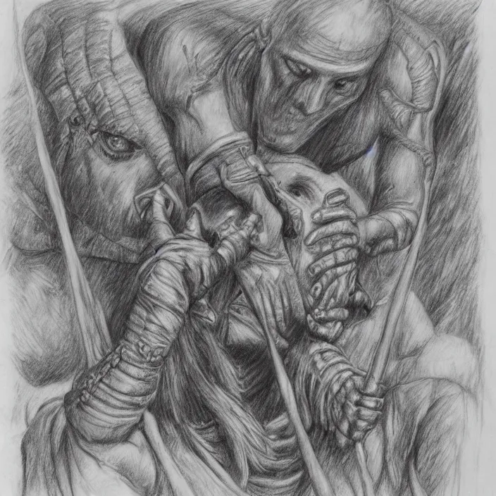 Image similar to The mummy touches the warrior's head , in jungle, pencil drawing