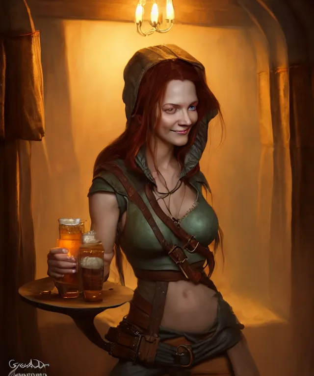 Prompt: hyperrealistic mixed media painting of a beautiful smiling charismatic female rogue, dimly lit cozy tavern, leather tunic, confident relaxed pose, d&d, stunning 3d render inspired art by Gerlad Brom and Anna Dittmann + perfect facial symmetry + dim volumetric lighting, 8k octane beautifully detailed render, post-processing, extremely hyperdetailed, intricate, epic composition, grim yet sparkling atmosphere, cinematic lighting + masterpiece, trending on artstation, very very detailed, masterpiece, stunning