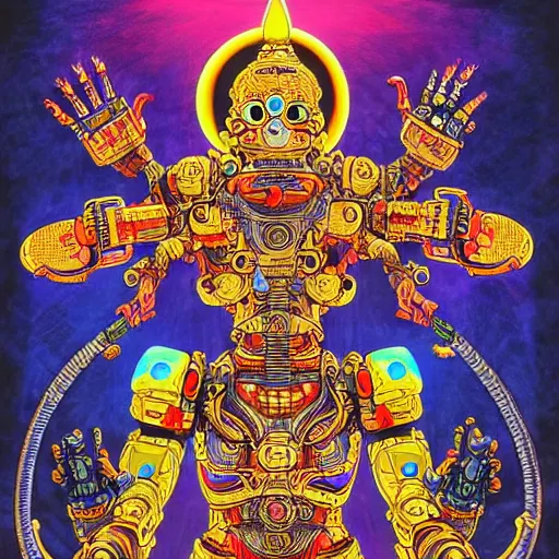 Prompt: detailed intricate color manga illustration of a Hindu god with a halo as an evil cyborg alien robot with lots of arms and weapons, cyberpunk, sistine chapel, davinci, religion, Hindu, vishnu, akira, dystopian, sci-fi, geof darrow, transmetropolitan, ronin